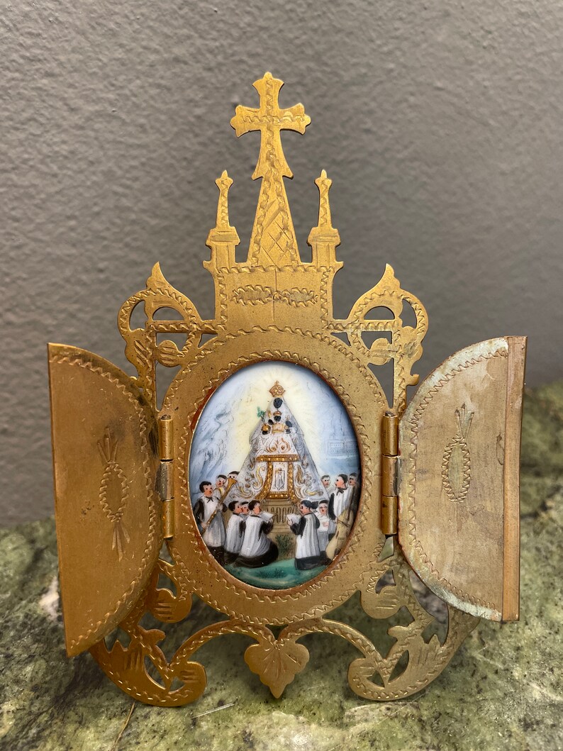 Miniature Beautiful metal chapel with image of Virgin and child Jesus in porcelain