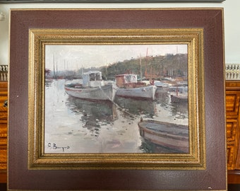 Framed Oil on wood fishing boats in France