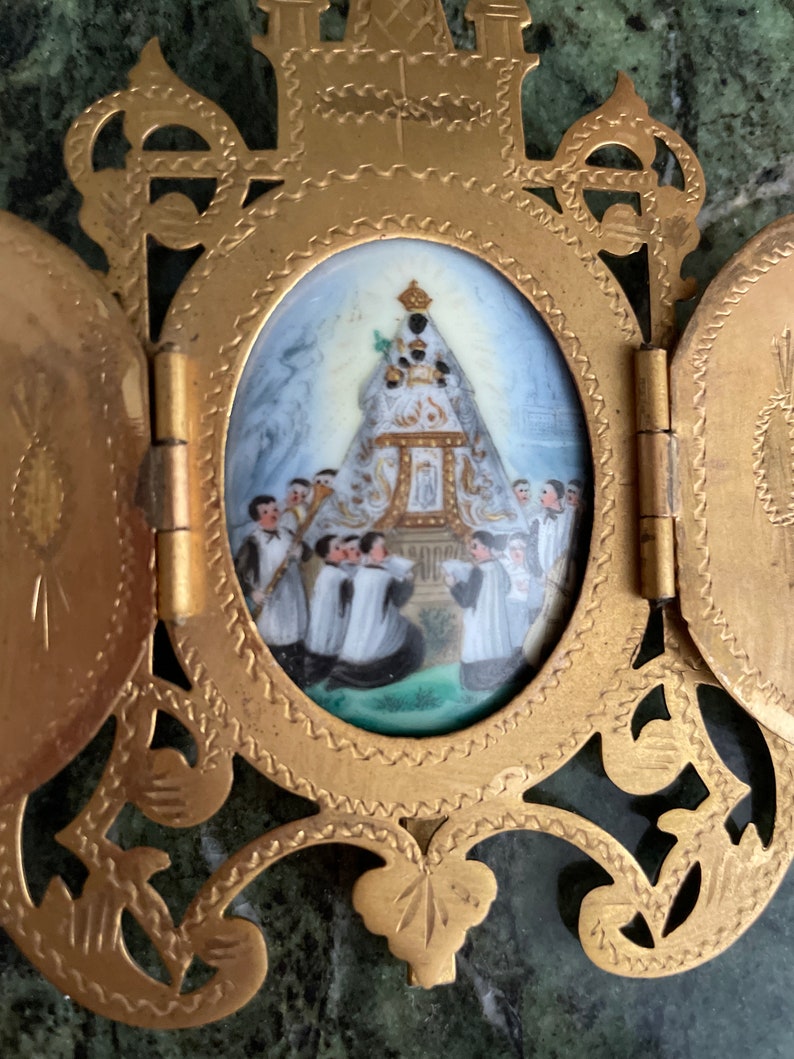 Miniature Beautiful metal chapel with image of Virgin and child Jesus in porcelain