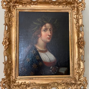 Huile antique sur toile non signée, d'après Carlo Dolci Allégorie de la poésie peinte en Italie en 1860, cadre en bois doré sculpté, maître du musée des beaux-arts