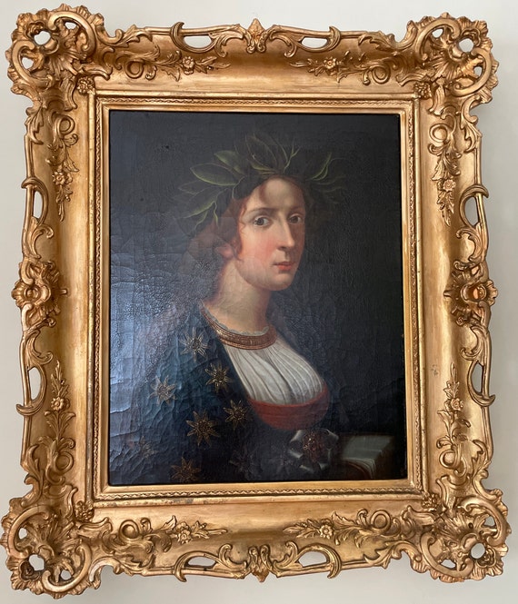 Antique oil on canvas unsigned, after Carlo Dolci Allegory of Poetry painted in Italy in 1860 carved giltwood frame fine art museum master.
