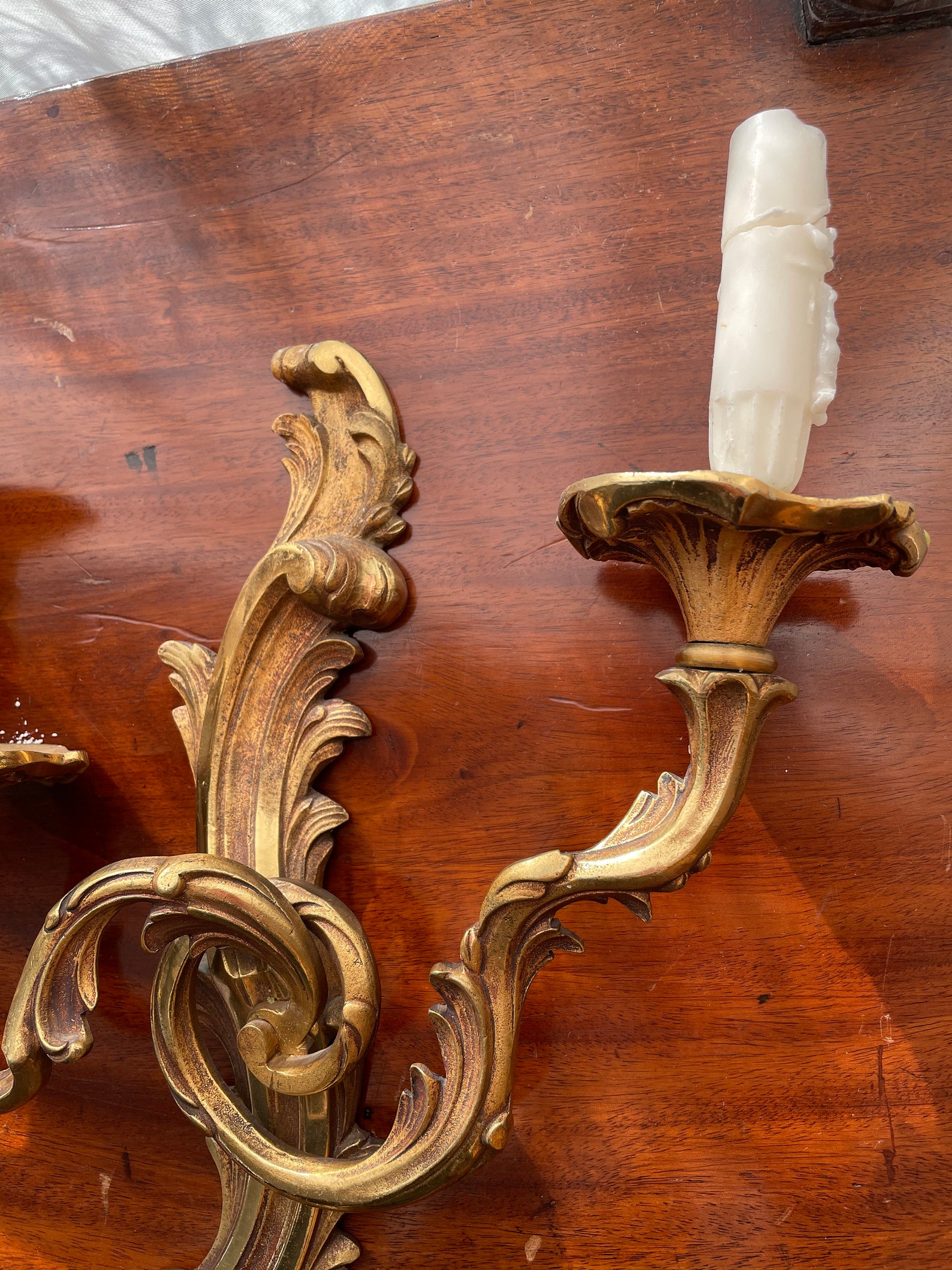 Antique Gilt Bronze Pair Wall Candle Sconce. Dual Candle Arms. Pair of