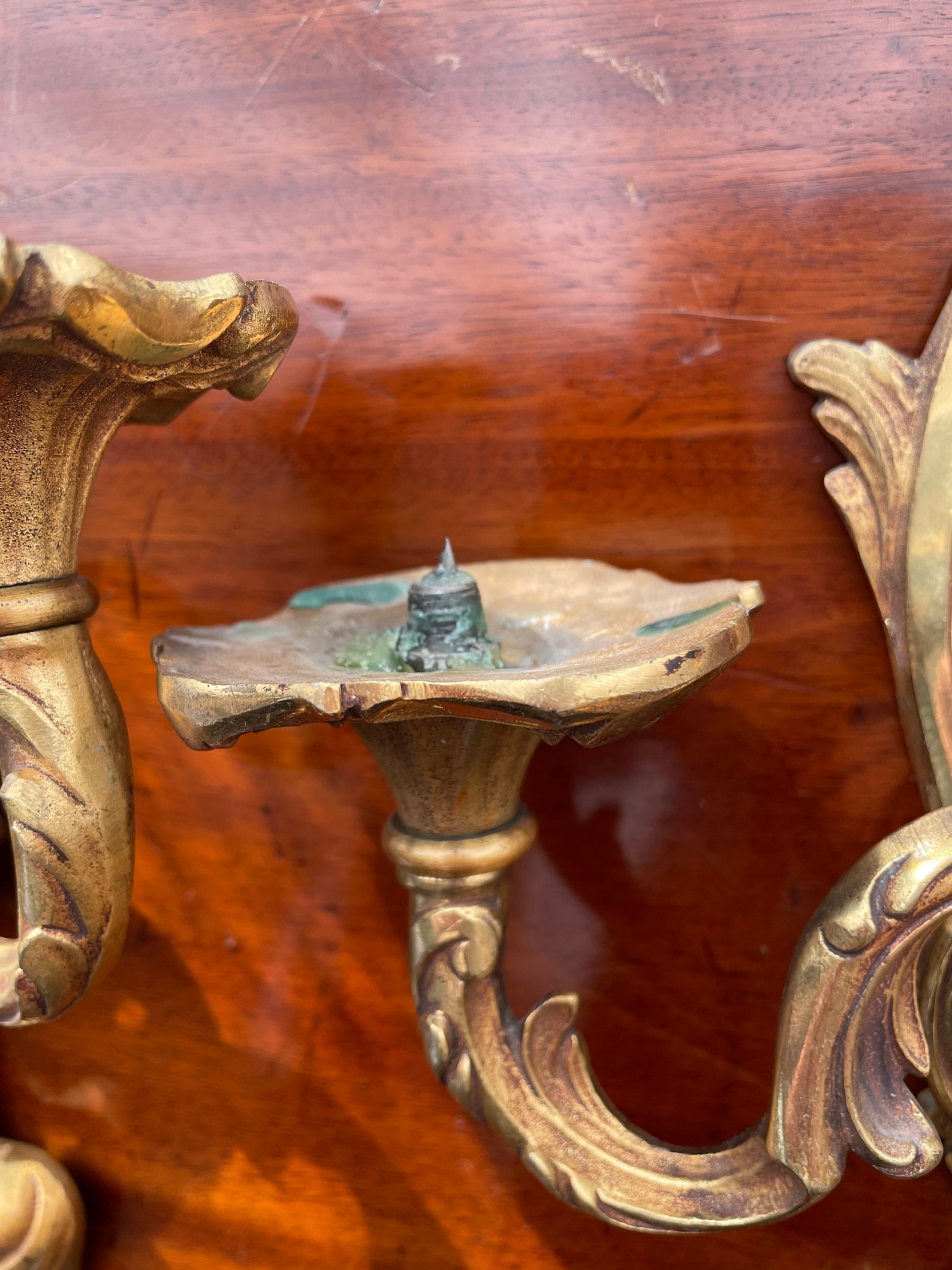 Antique Gilt Bronze Pair Wall Candle Sconce. Dual Candle Arms. Pair of