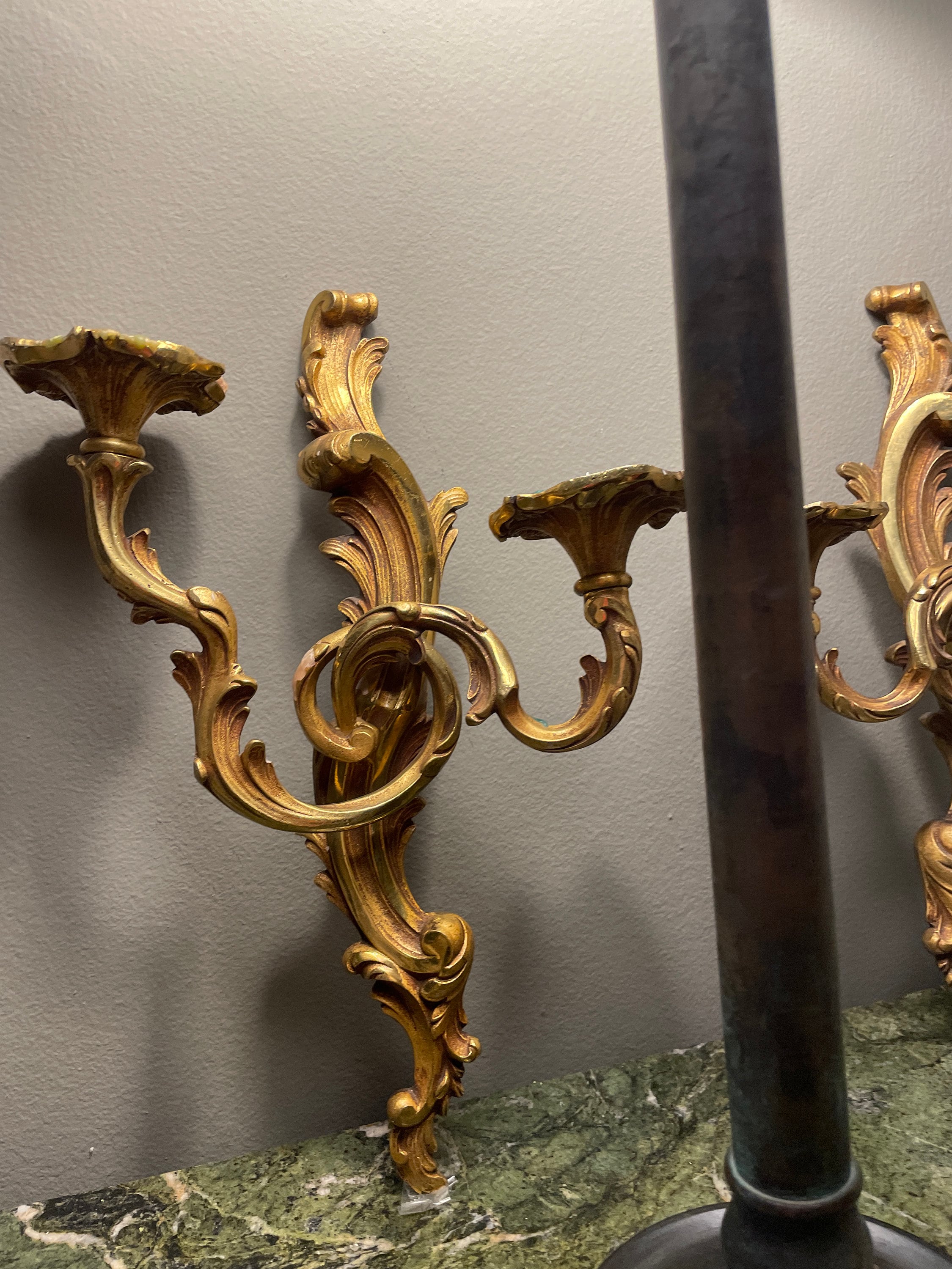 Antique Gilt Bronze Pair Wall Candle Sconce. Dual Candle Arms. Pair of