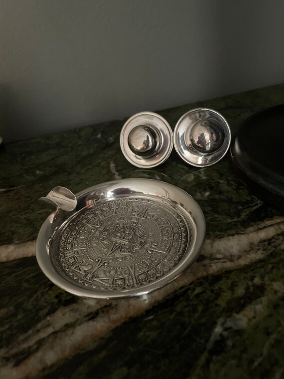 Mexican Sterling Silver Ashtray and Two Cork Stoppers With Silver