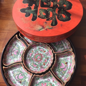 Fabulous antique Chinese porcelain appetizer set. Appetizer. Chinese lacquer box. Macau. Home decor. table set.