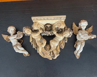 ANCIEN ANGE CHÉRUBIN angelot joueur de flute en platre doré 26.5cm EUR