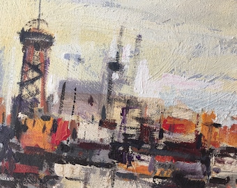 Painting in oil Oil painting on canvas Industrial port. Oil on canvas.