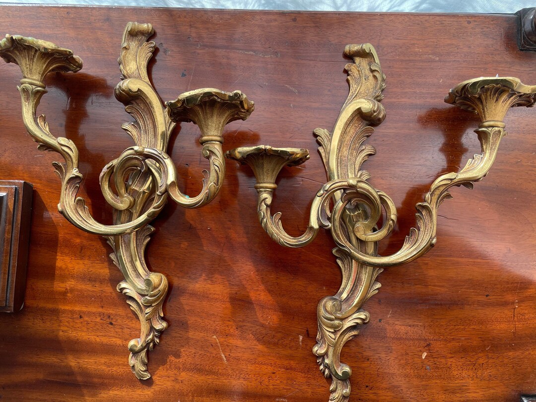 Antique Gilt Bronze Pair Wall Candle Sconce. Dual Candle Arms. Pair of