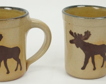 Monroe Salt Works Maine Moose aardewerk mok crème bruin groene rand set van 2