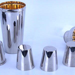 Vintage Beautiful German Chrome Cocktail Shaker Set W 4 Cups Guilded
