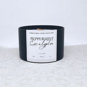 PEPPERMINT AND EUCALYPTUS soy wax candle 8oz - 8 Oz black container candle - wood wick candle- hand-poured soy candle