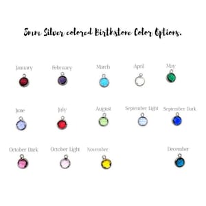 May include: A chart showing the birthstone colors for each month of the year. The chart is made up of small silver charms with colored stones. The stones are red, purple, blue, white, green, light blue, dark blue, pink, light pink, yellow, and dark blue.
