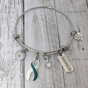 Cervical cancer awareness, teal and white ribbon, cervical cancer jewelry, warrior bracelet, teal ribbon, hand stamped, cancer awareness