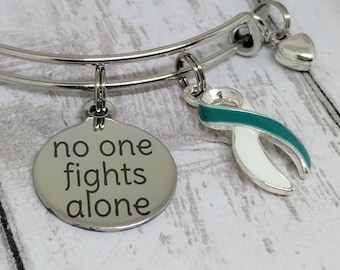 cervical cancer awareness bracelet - teal and white awareness ribbon - cervical cancer jewelry - teal awareness ribbon - braided bangle