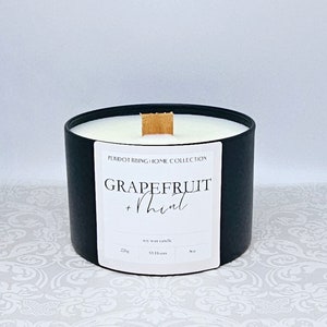 GRAPEFUIT AND MINT soy wax candle 8oz - 8 Oz black container candle - wood wick candle- hand-poured soy candle