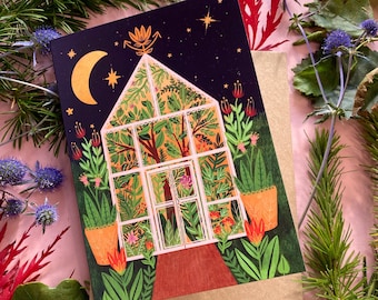 Greenhouse at Night Greeting Card