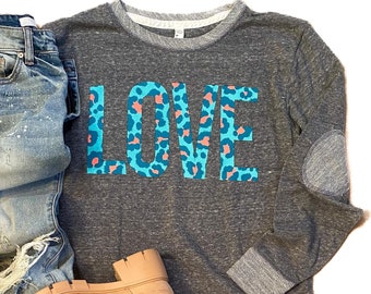 Cheetah LOVE Shirt - Super Soft Pullover - Cute Shirt - Boutique Shirt - Boho Shirt - Long Sleeve with Elbow Patches - Free Shipping