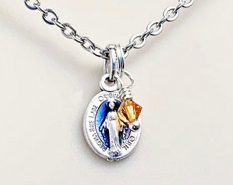 Dainty Latin Miraculous Medal Necklace, Birthstone Jewelry, Tiny Medals, Mini Dainty Small Simple, Catholic Jewelry, Minimalist Jewelry