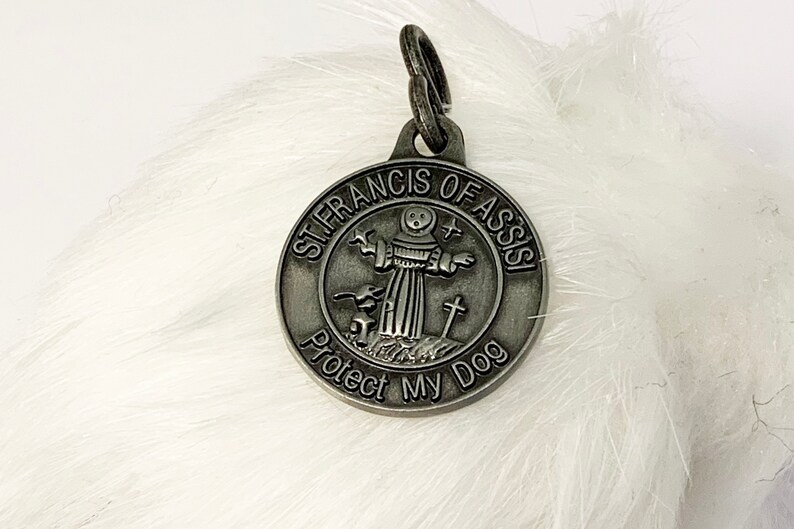 May include: Silver dog tag with a round design featuring a depiction of Saint Francis of Assisi holding a bird and a cross. The text "St. Francis of Assisi" and "Protect My Dog" are inscribed around the image.