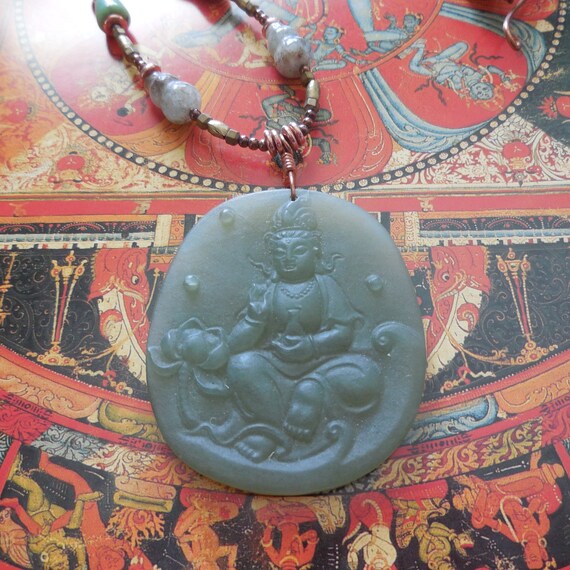Gorgeous Green Jade Kwan Yin Pendant Aquamarine Moss Agate Jasper Serpentine 21 Necklace 5264 B - Jade Kuan Yin Pendant Gorgeous Green Jade Kwan Yin Pendant Aquamarine Moss Agate Jasper Serpentine 21 Necklace 5264 B - Jade Kuan Yin Pendant