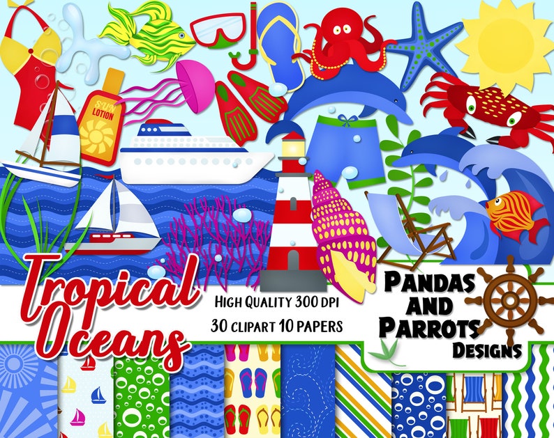 10 jpeg Papers Instant Download crab ships light house swimsuits fish sun dolfins TROPICAL OCEANS Clipart /& Papers Kit 30 png Cliparts