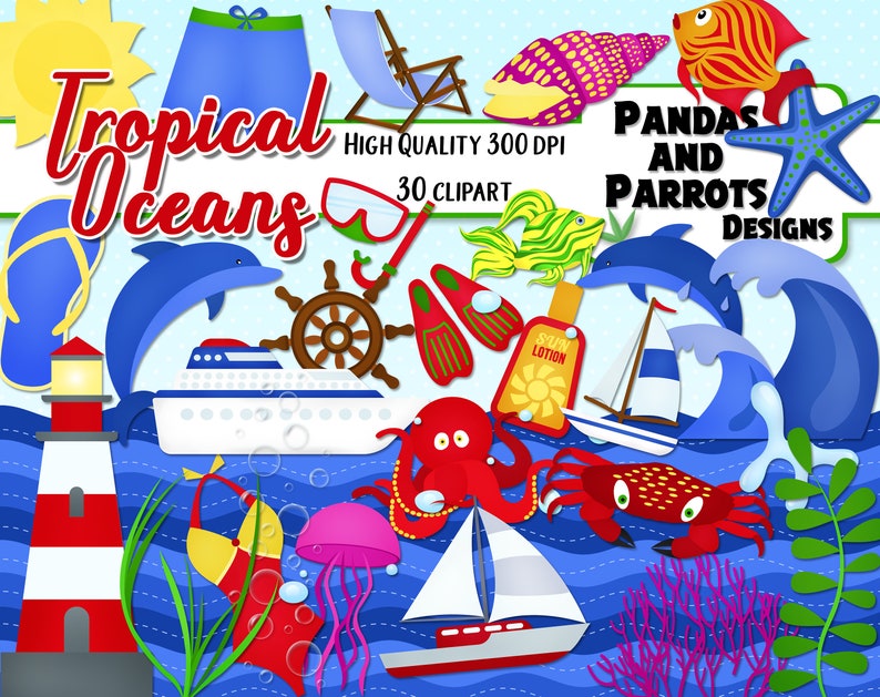 10 jpeg Papers Instant Download crab ships light house swimsuits fish sun dolfins TROPICAL OCEANS Clipart /& Papers Kit 30 png Cliparts