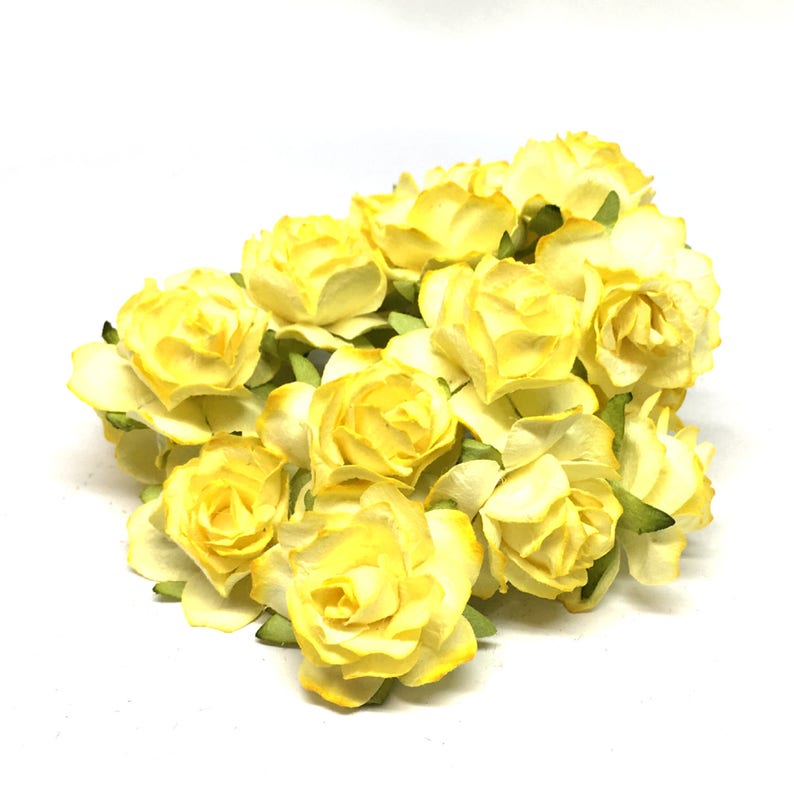 Two Tone Lemon Classic Mulberry Paper Roses Cr016 image 1