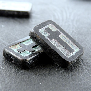 2pcs Czech Pressed Glass Table Cut Flat Rectangle Beads with Cross 17x11mm Jet Full Apricot