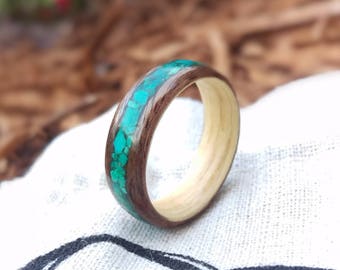 Walnut and Ash Bentwood Ring with Turquoise Inlay - "Walter Ash"