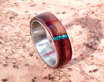 Zebrawood and Stainless Steel Bentwood Ring with Turquoise Inlay - "Steel Zebra"