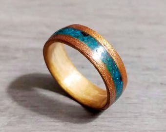 Mesquite Bentwood Ring with Turquoise Inlay - "Fire Turtle"