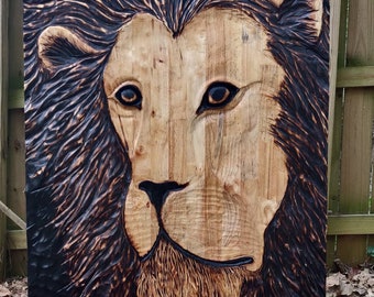 Large wood carved lion head