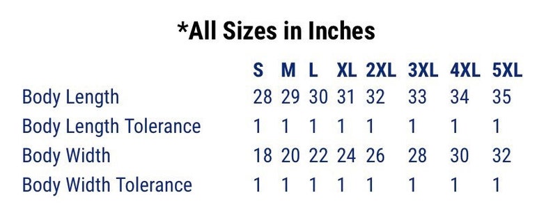 May include: Size chart for clothing in inches, showing measurements for body length and width, with tolerance, for sizes S through 5XL.