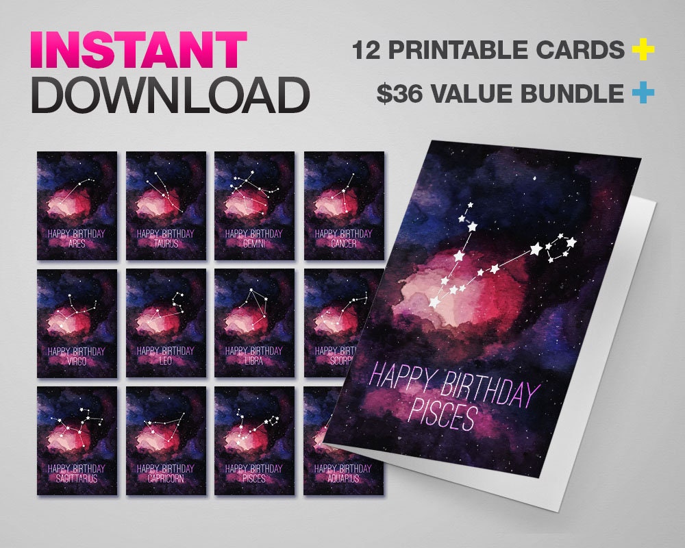 Printable Zodiac Card Happy Birthday Star Signs Astrology | Etsy