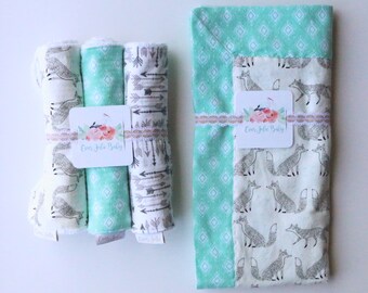 Foxes and Arrows, Swaddle Blanket, Burp Cloth and Blanket Bundle