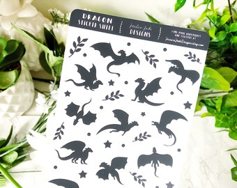 May include: A sticker sheet with a white background and black silhouette images of dragons. The sheet is titled "Dragon Sticker Sheet" and includes the text "Jerrica Jade Designs".