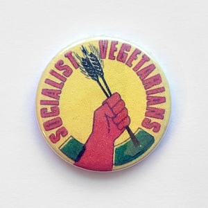 Peut inclure: Un bouton rond avec un fond jaune et un poing rouge tenant un bouquet de blé. Le texte "SOCIALIST VEGETARIANS" est écrit en cercle autour du poing.