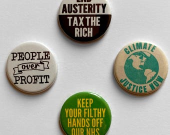 4 Socialist Badges, Klimagerechtigkeit Pin, NHS Button, Tax The Rich Linke Pinback