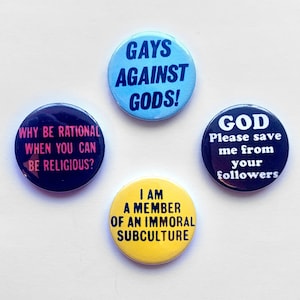4 Gay Atheist Badges LGBTQ Pride Pins Atheism Protest Buttons Vintage Remake