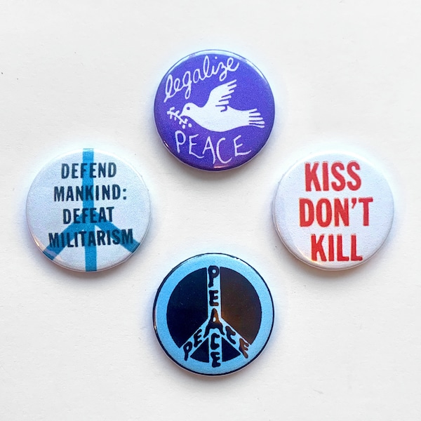 4 Anti-War Protest Button Badge Set Peace Sign Pins Vintage Remake