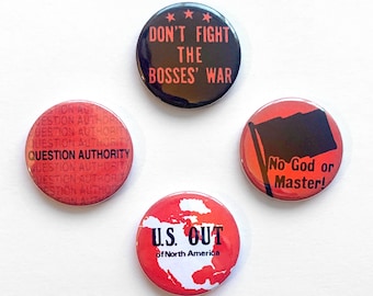 4 Anarchist Pin Badges Anarchy Anti-Capitalist Anti-War Button Set Anti-Imperialist Vintage Remake