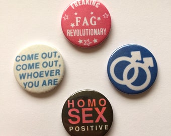 Set of 4 Gay Buttons Vintage Remake LGBT Pin Badges Revolutionary Protest Pride Retro