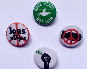 4 Set Peace Protest Buttons Anti-War Jobs Not Bombs Pin Buttons Vintage Remake Retro