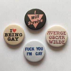 Set of 4 LGBT Gay Pride Button Badges Pink Triangle Avenge Oscar Wilde Vintage Style Pins