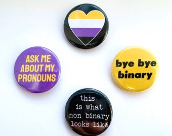4 Non Binary Button Badges Enby Flag Pins Pronouns Heart Pride LGBTQ