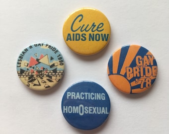 Set of 4 Vintage Remake LGBT Gay Lesbian Pride Pin Badges Retro 70s Aids Activism