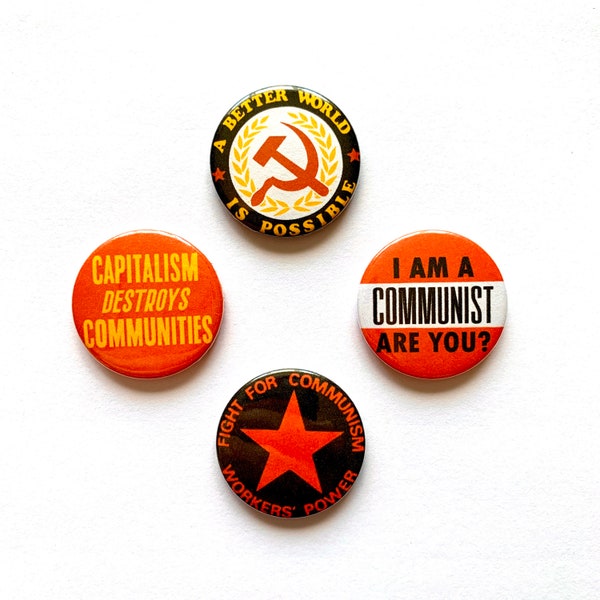 4 Communist Badges Socialist Buttons Hammer & Sickle Red Star Anti-Capitalist Protest Pins