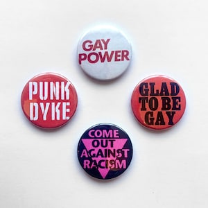 4 Gay Pride Button Set LGBTQ Pinback Badge Vintage Remake Lesbian Dyke Pin