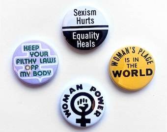 4 Feministische Button Anstecker Vintage Remake Frau Power Fight Sexismus Pin